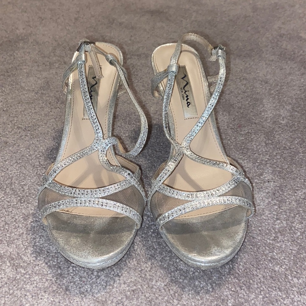silver high heel shoes
